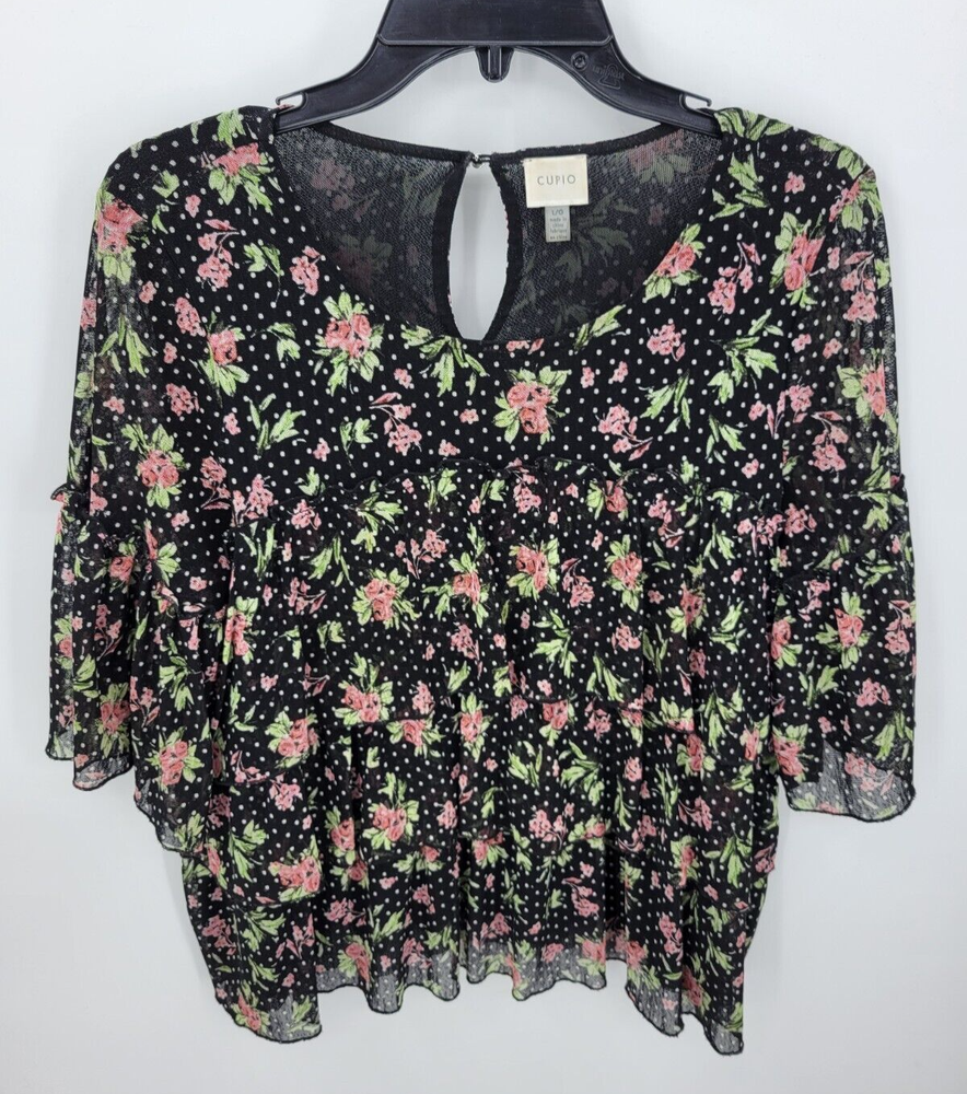 Cupio Top Womens Large Black Polka Dot Floral Bell Sleeve Boho Peasant Blouse