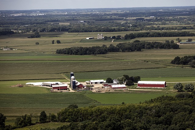 Photo:Dodge County Wisconsin Aerial Farmstead 2016 Barns Silo Farmland