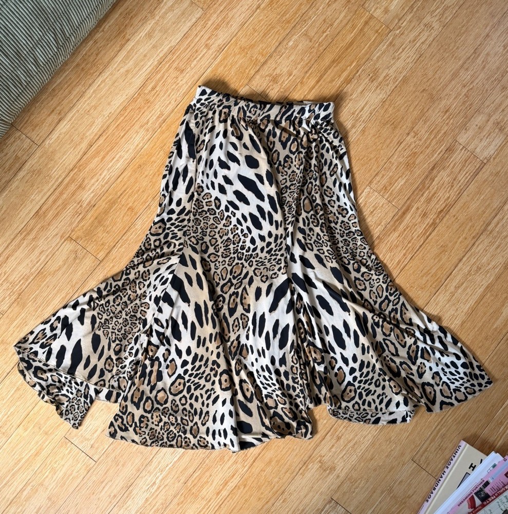 Leopard Print Ruffle Midi A-Line Skirt Elastic Waist Women’s Beige Black Brown