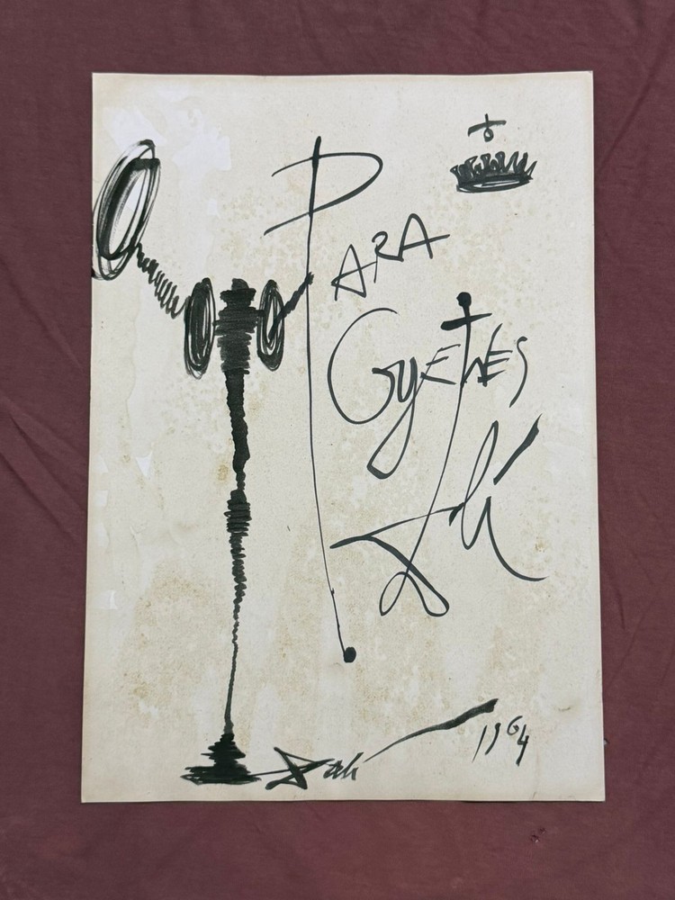 SALVADOR DALI  drawing and painting on old paper signed stamped vintage
