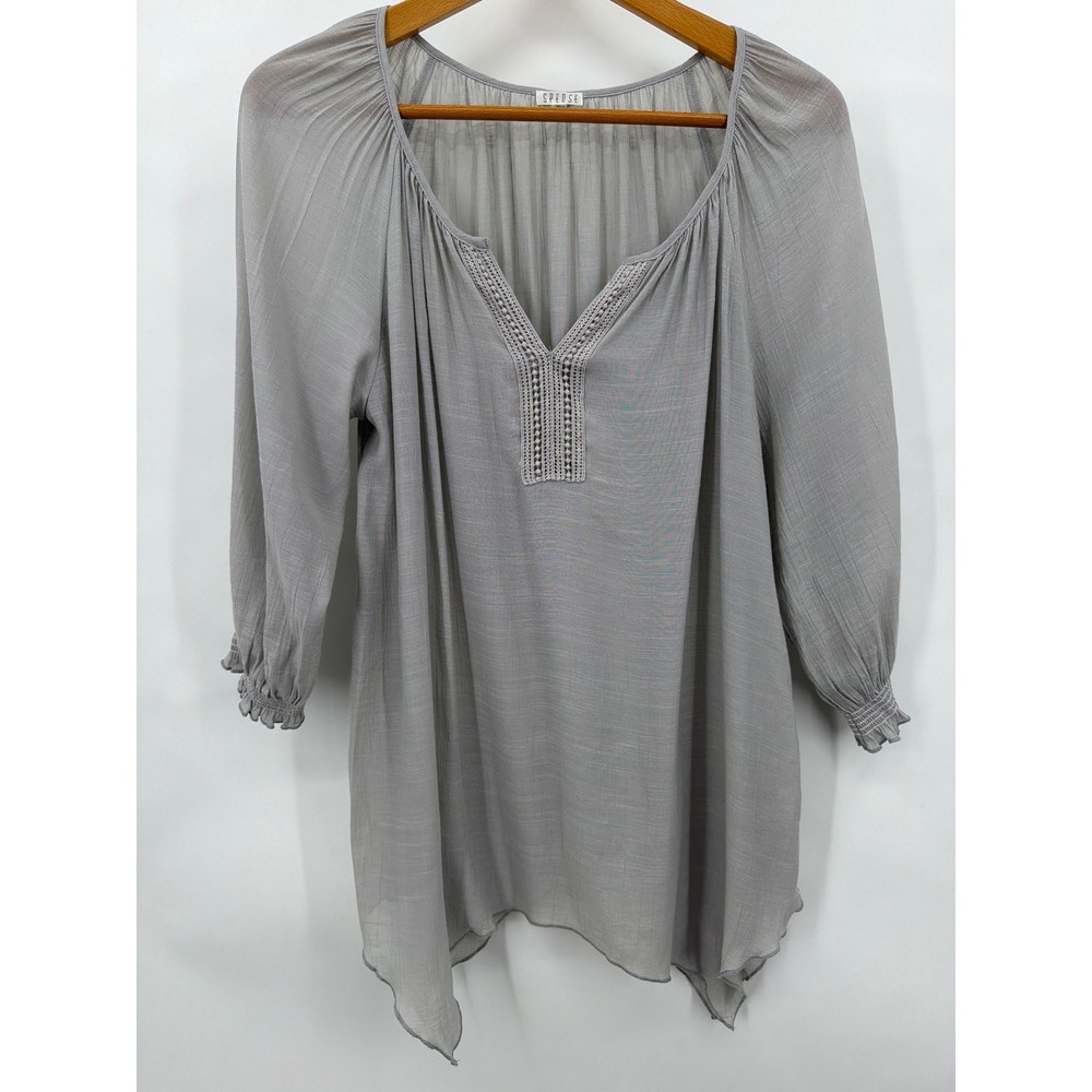 Grey Crochet Trim Peasant Blouse 3/4 Sleeve Boho Med Asymmetric Top Cottagecore