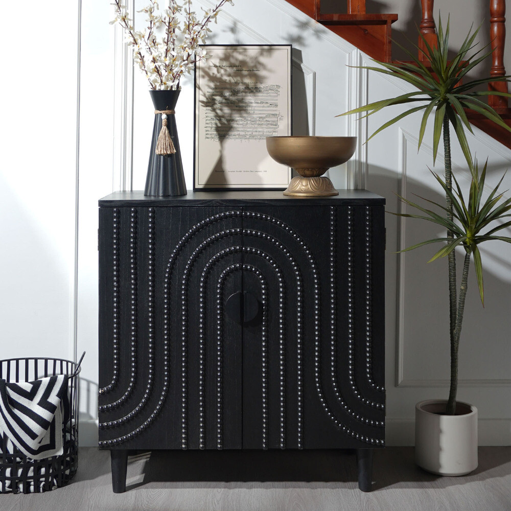 Modern Black Wood Accent Cabinet 30 Inch Storage Sideboard with Decorative Door