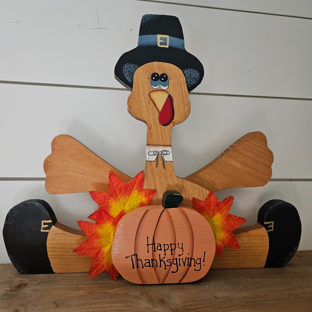 Vintage Wooden Thanksgiving Turkey Decor Pilgrim Fall Harvest Table Centerpiece