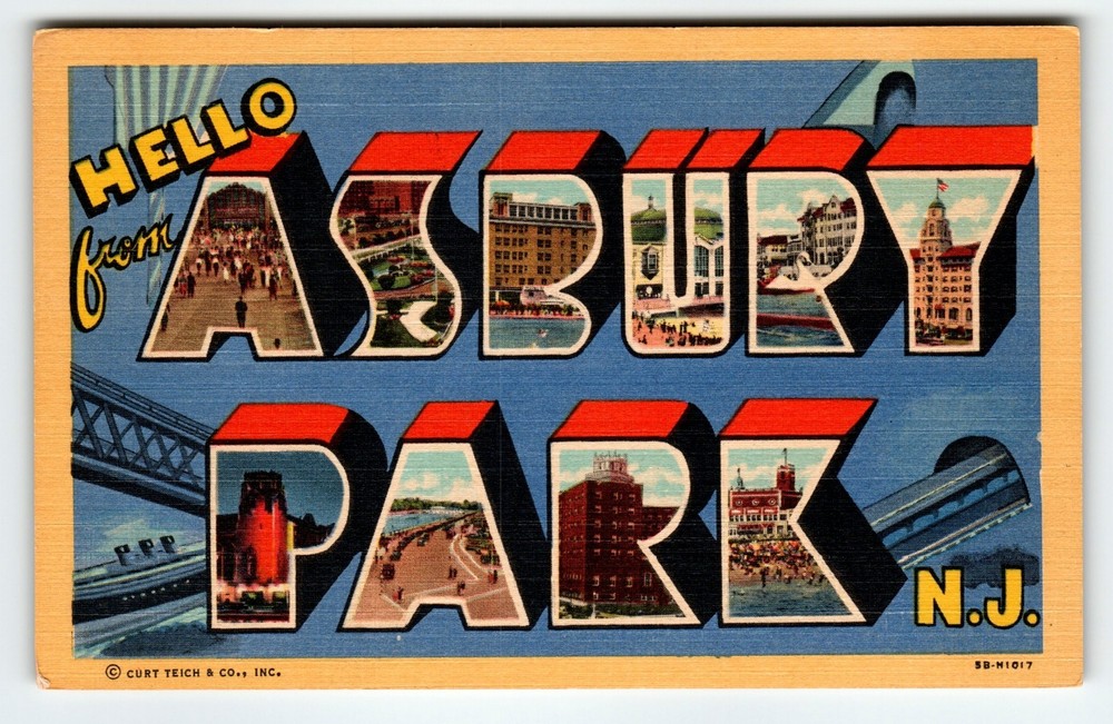 Vintage  Hello Greetings from Asbury Park NJ Large Letter Linen Postcard CT