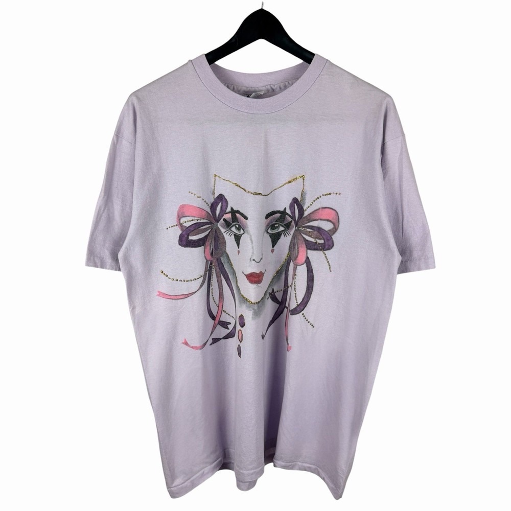 Vintage 90s Abstract Art Mask Face W/ Bows Artistic Graphic Shirt Size XL-image