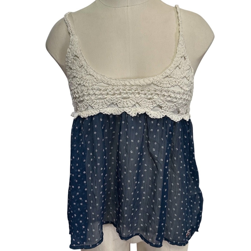 Vintage Hollister Y2K Crochet Lace Navy Polka Dot Babydoll Cami Top Small