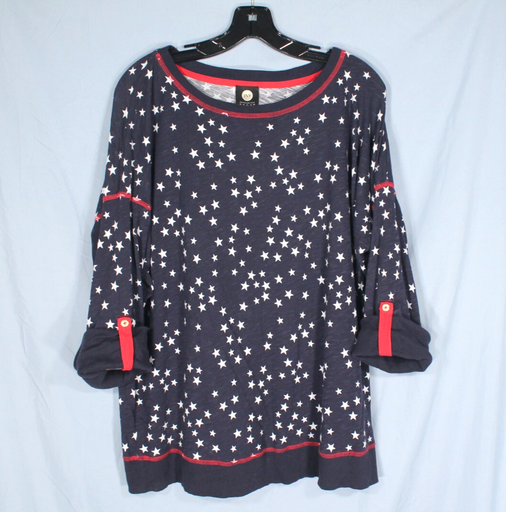 JONES NEW YORK SPORT Navy STAR PATTERN Patriotic ROLL-TAB SLEEVE Tunic Top 2X