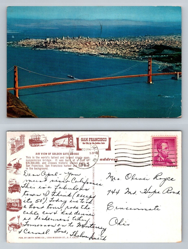 San Francisco CA-California, Golden Gate Bridge Aerial Bay Vintage Postcard
