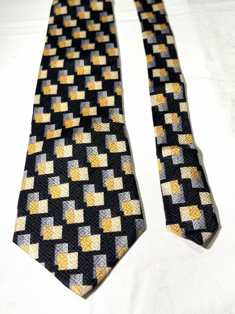 Brussels Airport vintage Necktie 100% Silk, Geometric In black, Gold, And Blue