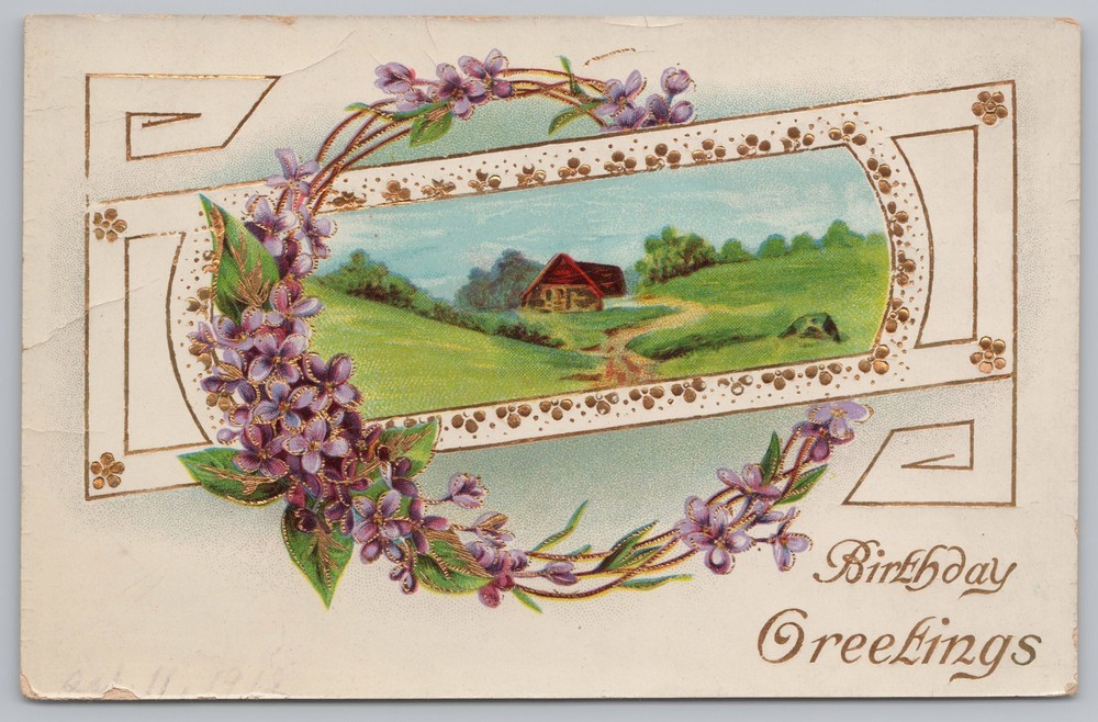 Greetings~Birthday~Wreath of Flowers~Country View~Vintage Postcard