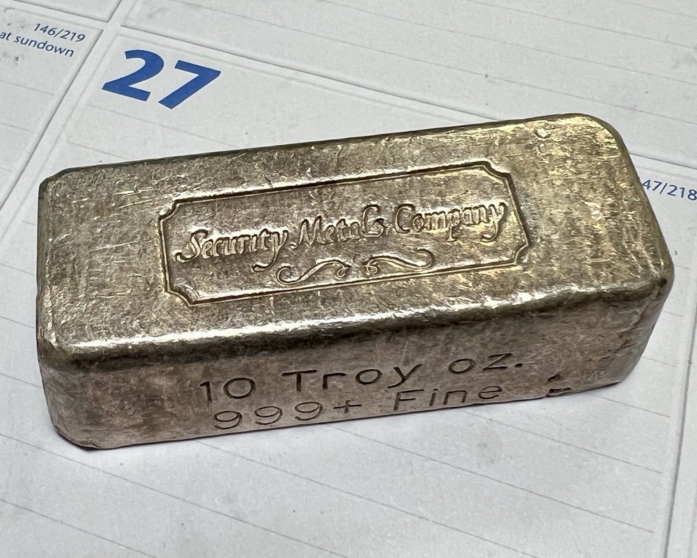 VINTAGE Security Metals Company 10oz Fine Silver Bar Poured Loaf
