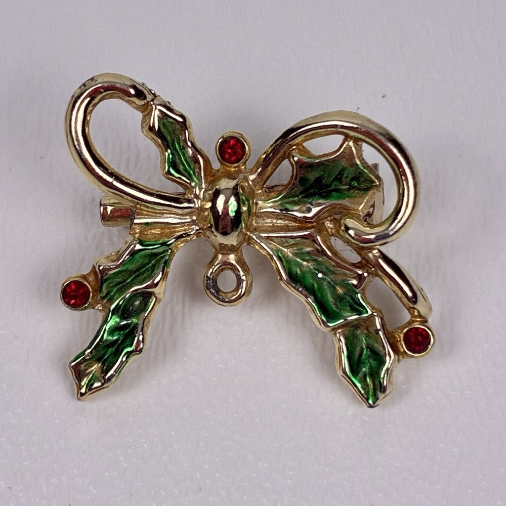Holiday Holly Bow Christmas Brooch Pin Green Enamel Red Rhinestone Gold Tone