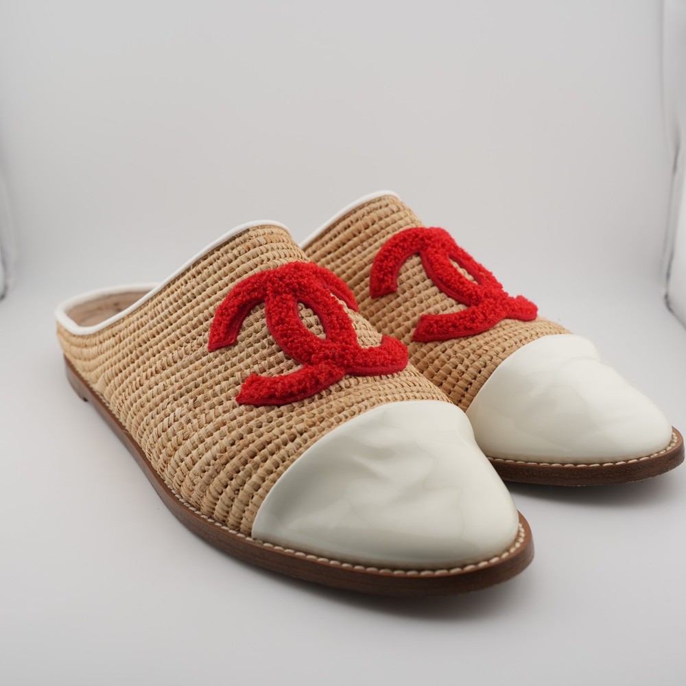 Chanel Raffia CC Mules beige straw leather Size 11 Women