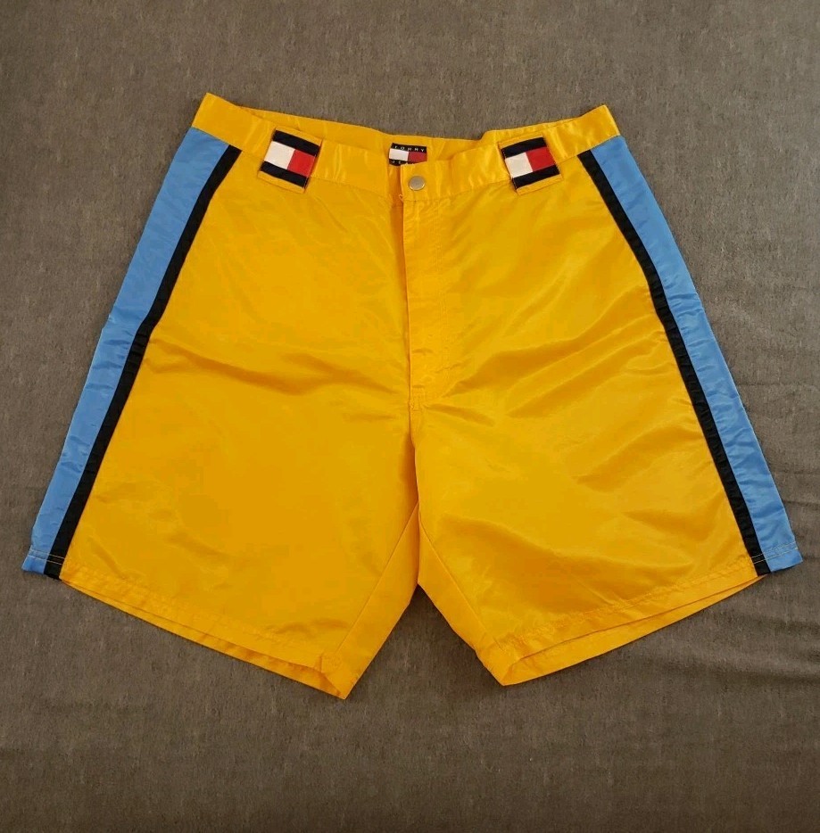Vtg Tommy Hilfiger 100% Nylon Shorts. Yellow, Navy/Baby Blue Side Stripes Sz 36