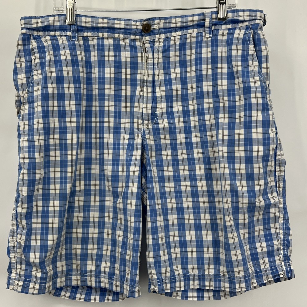 IZOD Plaid Shorts Casual Flat Front Pockets Blue White Cotton Mens 38 Golf Prep