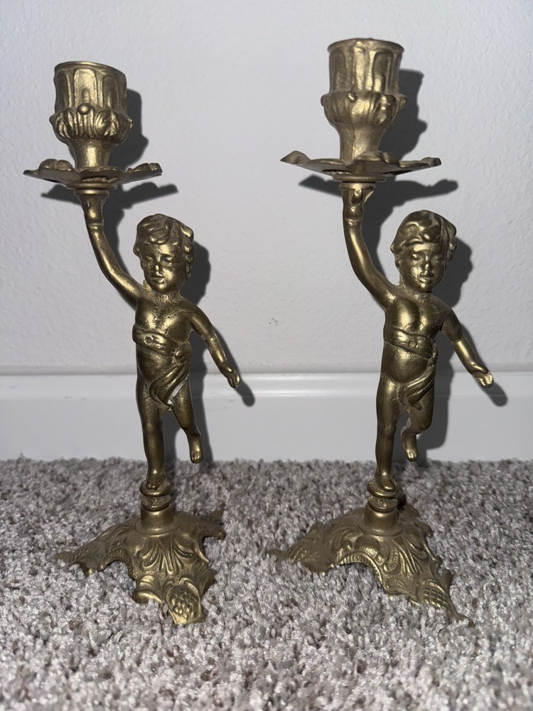 Set Of 2 Vintage 9” Solid Brass Ornate Cherub Candle Holder