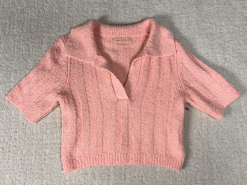 Urban Outfitters Andrea Collared Cropped Sweater Shirt UO Pink Women Size Small