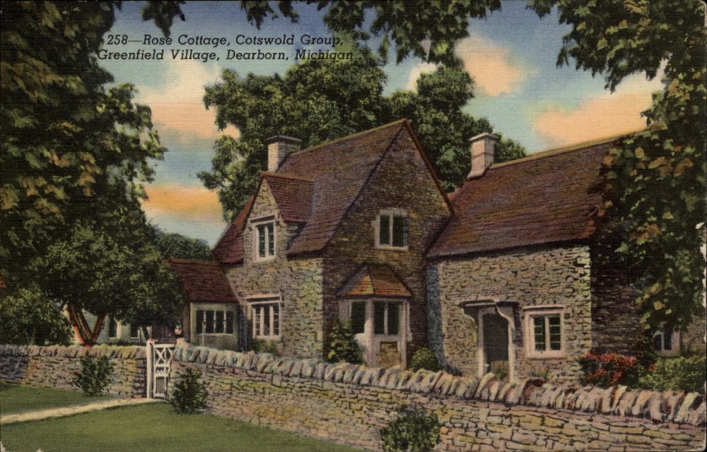 Michigan Dearborn Greenfield Village Rose Cottage ~ 1940s linen postcard sku795