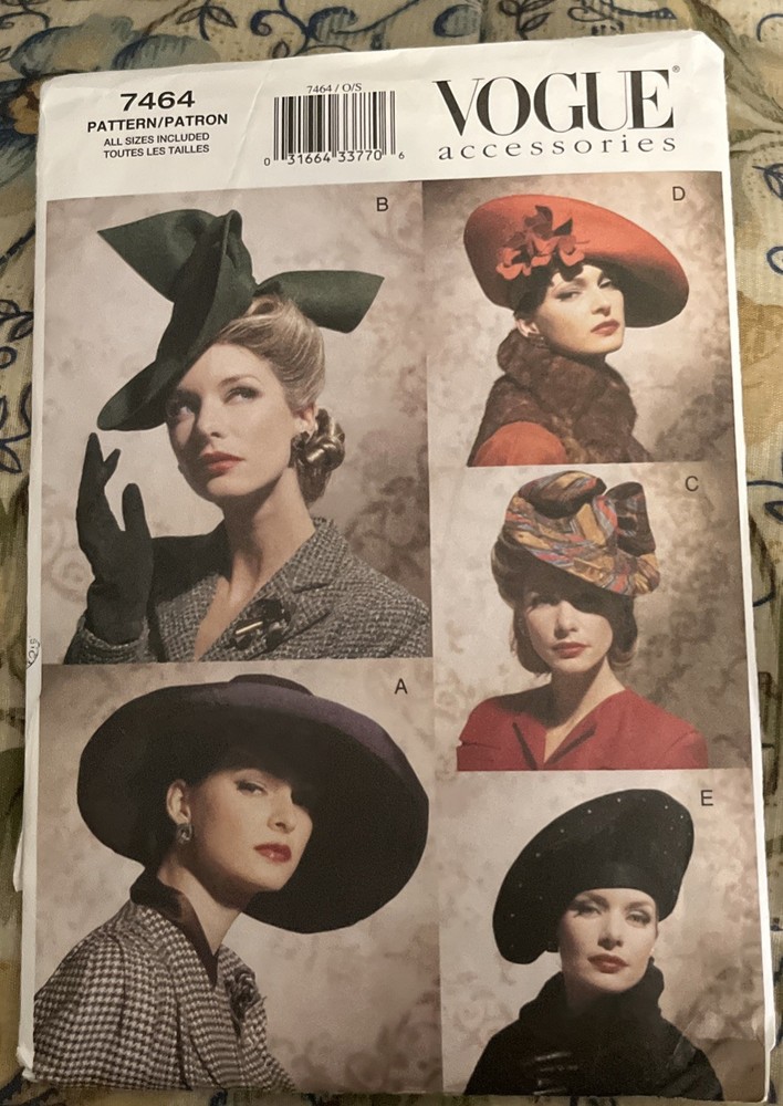 Vogue 7464 Pattern Vintage Style 1930-40's Retro 5 Hats UNCUT