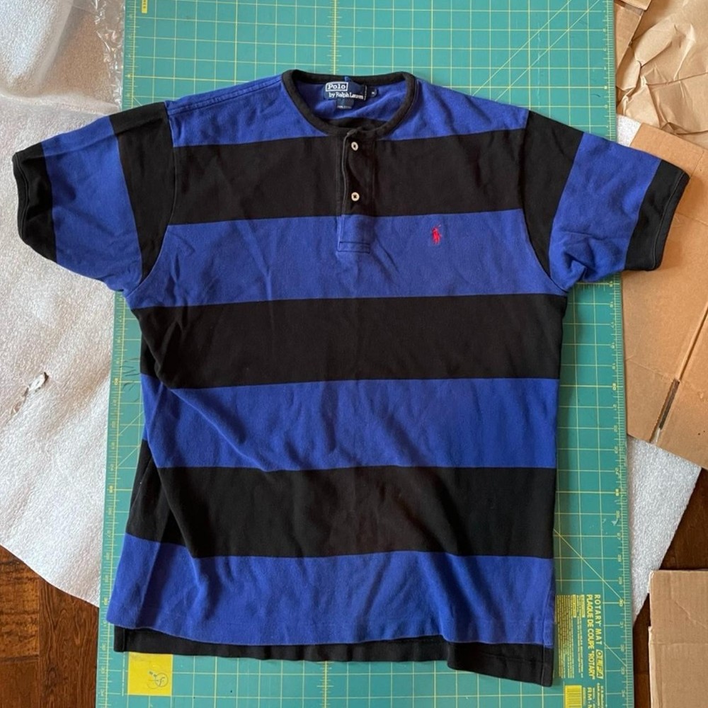 Navy Black Striped Henley Polo by Ralph Lauren Size M