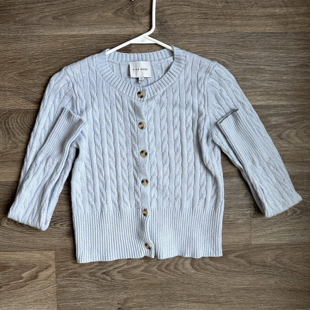 Pink Rose Women’s Blue Cable Knit Button-Up Cardigan Sweater Crew Neck S