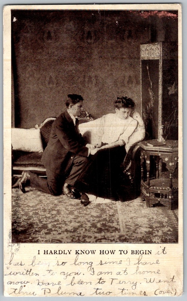 Antique Postcard Courtship Parlor Scene Pluma, SD 1910s