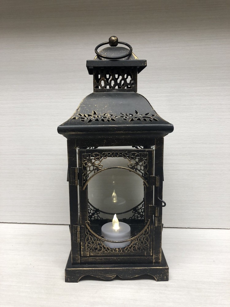 Antique Style Bronze Metal Glass Hanging Lantern Gold Accents 10”