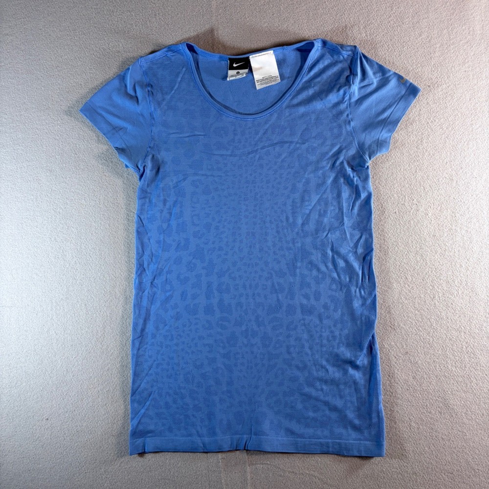 Nike Womens Dri-FIT Blue Leopard Animal Print Seamless Short Sleeve Shirt S