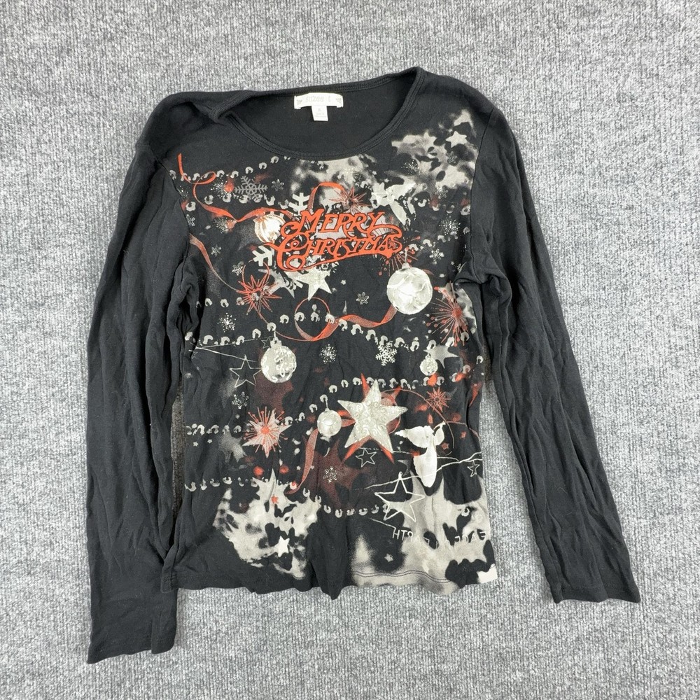 Suzee T Shirt Womens Small Black Merry Christmas Glitter Long Sleeve Top Graphic
