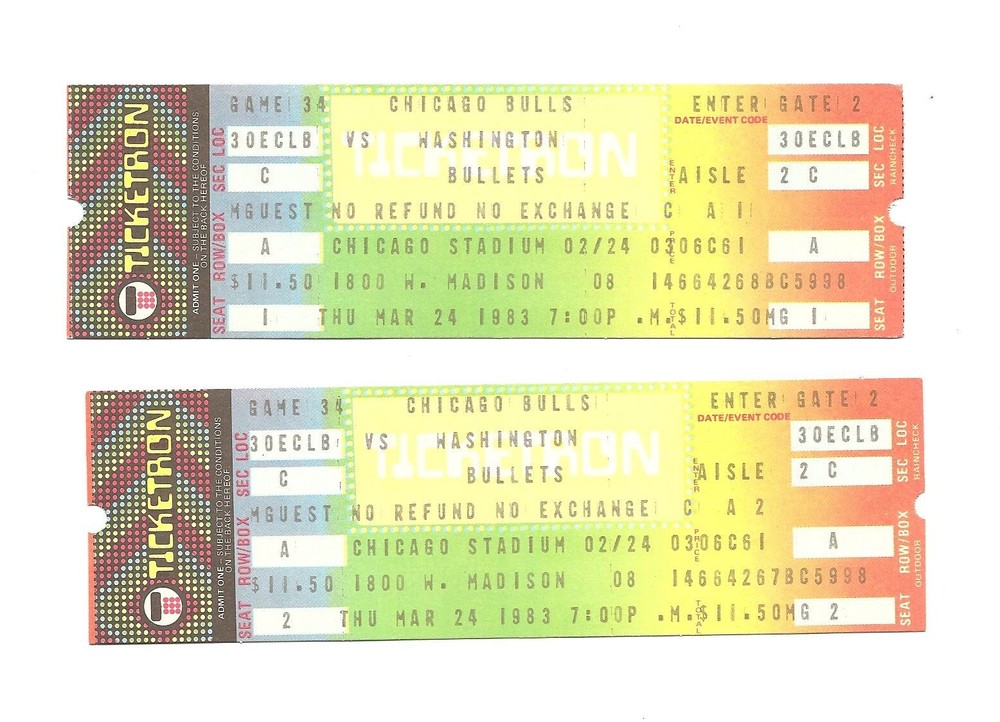 Chicago Bulls vs Washington Bullets Unused Basketball Tickets From 3/24/1983