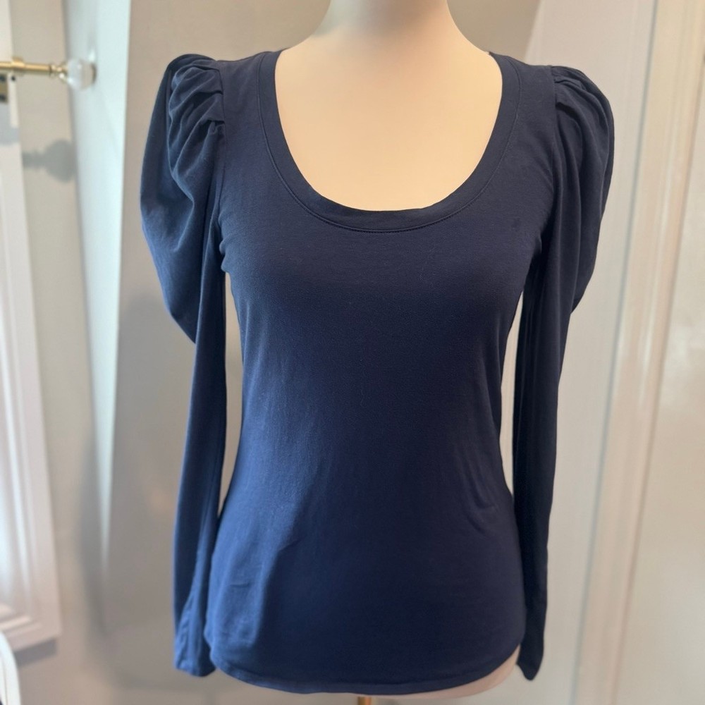 INC International Concepts Navy Puff Sleeve Scoop Neck Top | Size Medium