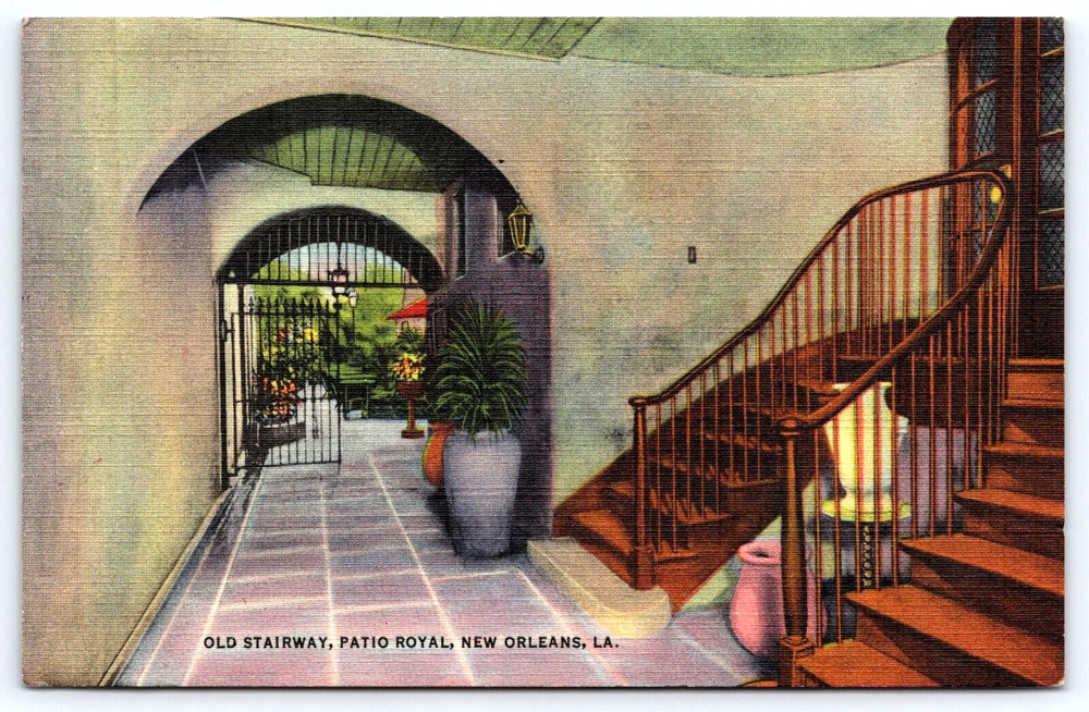 Vintage Old Antique Postcard Old Stairway Patio Royal New Orleans Louisiana Usa