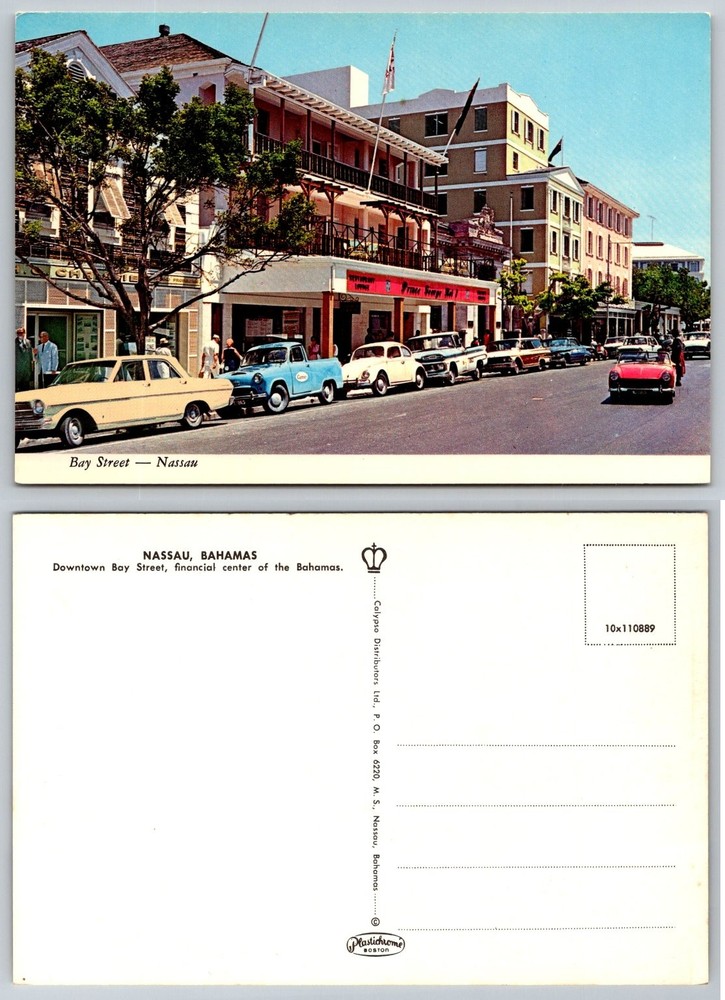 Vintage Nassau Bahamas Postcard Bay Street 1950s 1960s Cars Plastichrome