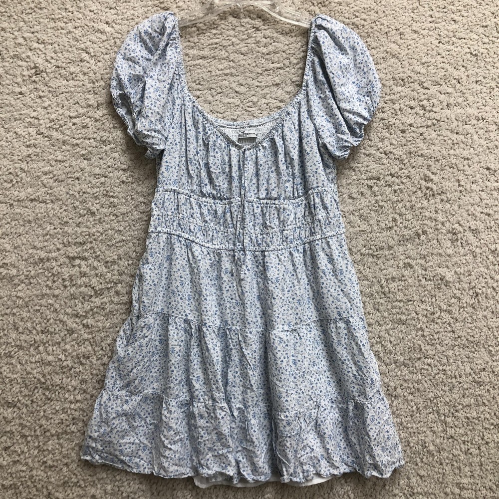 Hollister Dress Womens Large Blue White Floral Puff Sleeve Smocked Tiered Mini