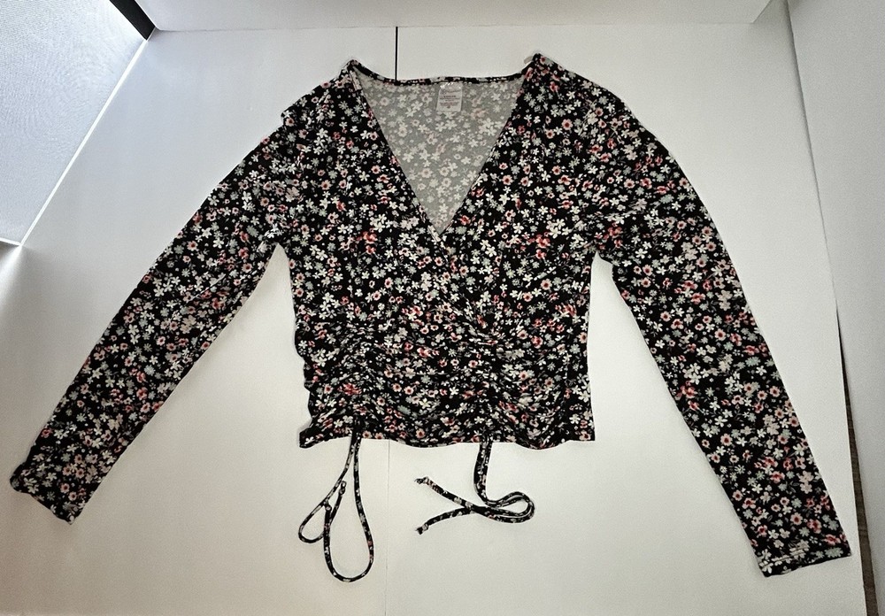 No Boundaries Juniors Women Ruched Tie Front Top Shirt Black Floral U pick Sz L