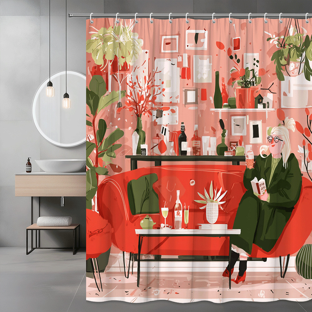 Boho Floral Living Room Shower Curtain, Pink Green Abstract Art