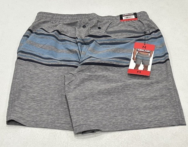 Kirkland Signature Men's Stretch Swim Shorts, Mix Grey / Blue Stripes, Size M