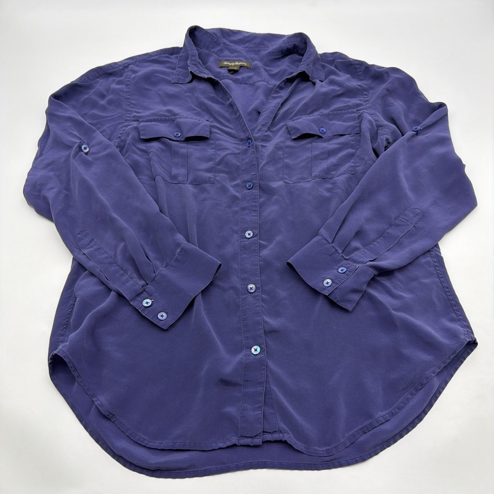 Tommy Bahama 100% Silk Button Up Shirt Women L Purple Pockets  Logo.#45586