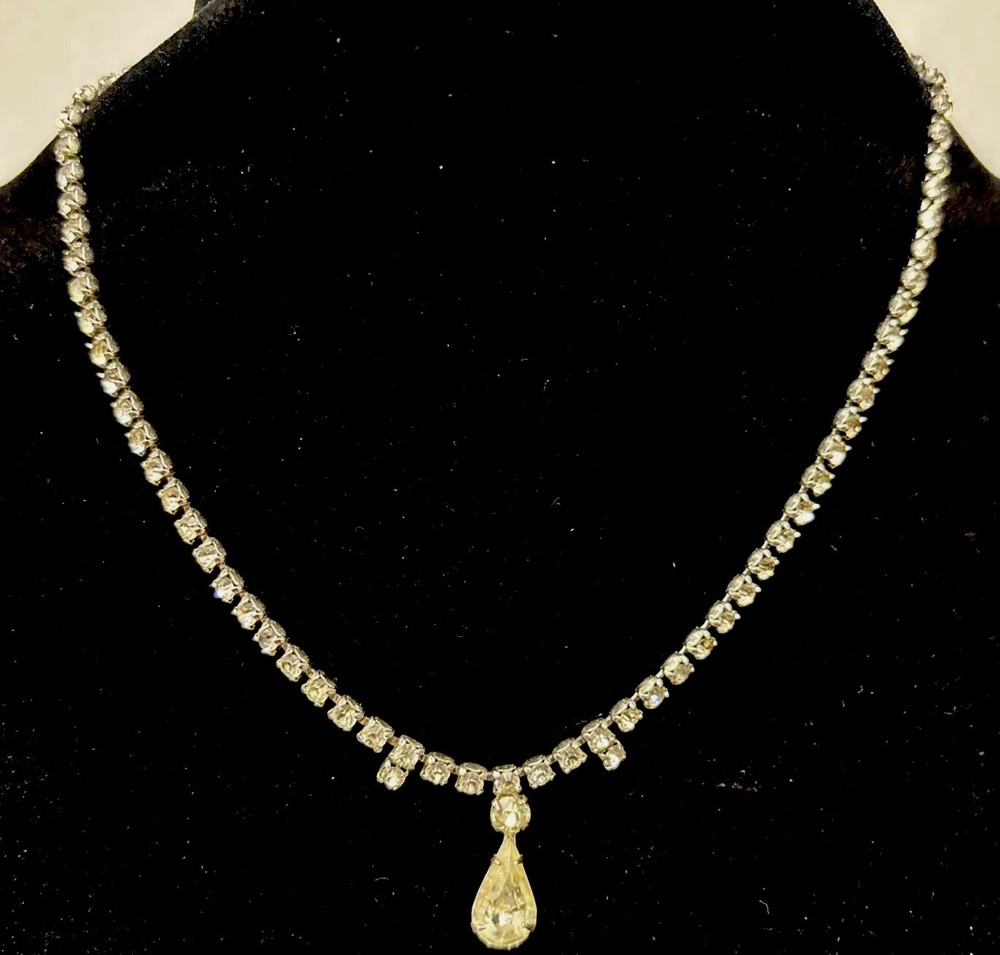 Vintage Tennis Necklace Prong Set Clear Rhinestone 14”