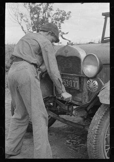 Muskogee Oklahoma 1939 Migrant Boy Cranking Car Oklahoma License Plate