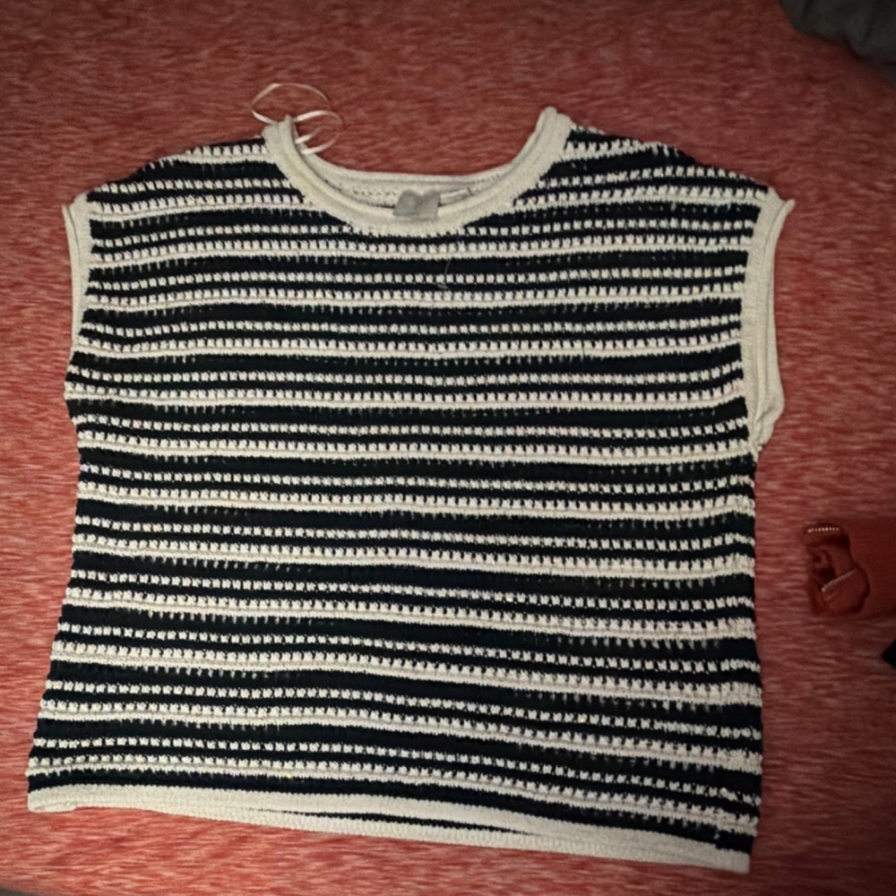 Joie Crochet Striped Blouse Black White Size L Lightweight Pullover