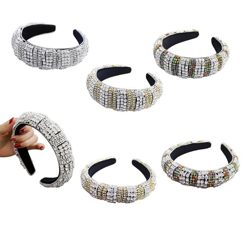 Baroque-style Rhinestone Sponge Padded Wide Headband Colorful Jewelry Chain Hair Accessory  