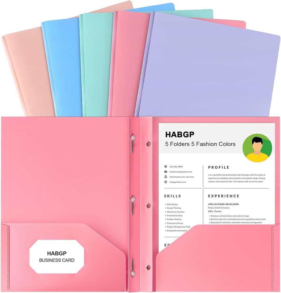 Two Pocket Folder W/ Prongs 5 Pack Pastel Colors Plastic Folders W/ Pockets
