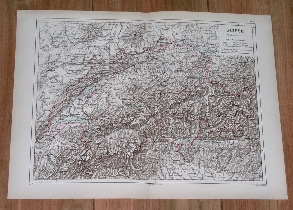 1887 Original Antique Map Of Switzerland / Alps