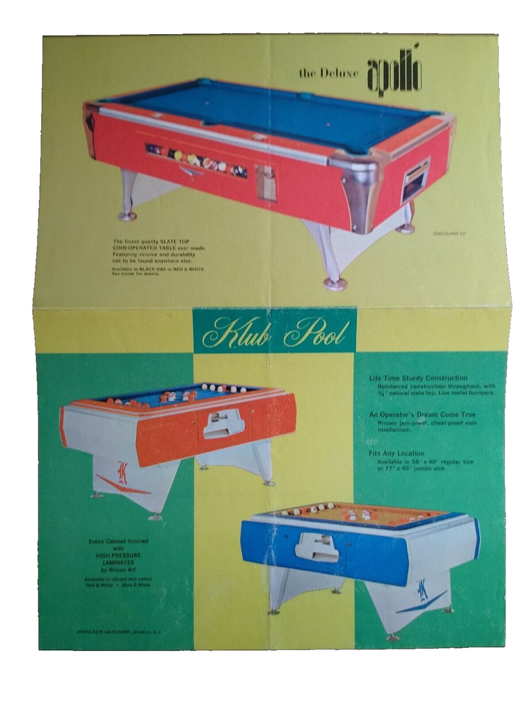 Irving Kaye Vintage Apollo Klub Retro Folding Pool Table Flyer