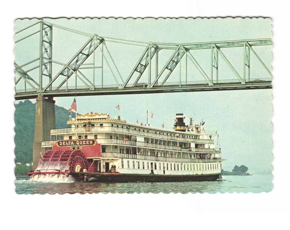 SS Delta Queen under the Ohio River Bridge vintage postcard unposted