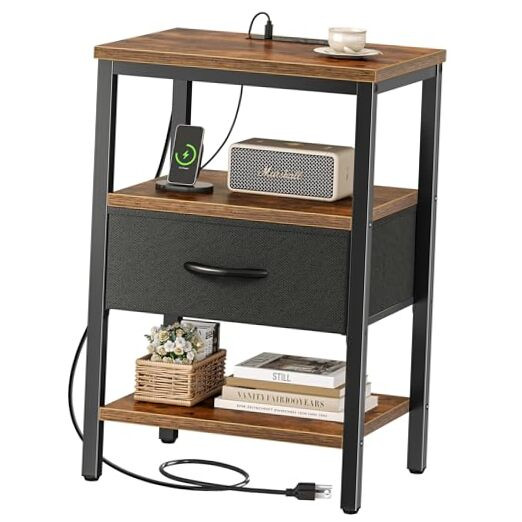 Nightstand with Charging Station, Bed Side Table with Adjustable Fabric