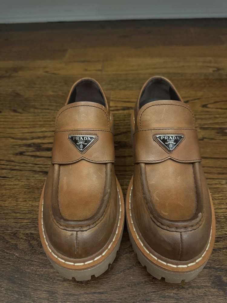 PRADA Brown Leather Slip-On Loafers Logo Round Toe EU 37 US 7