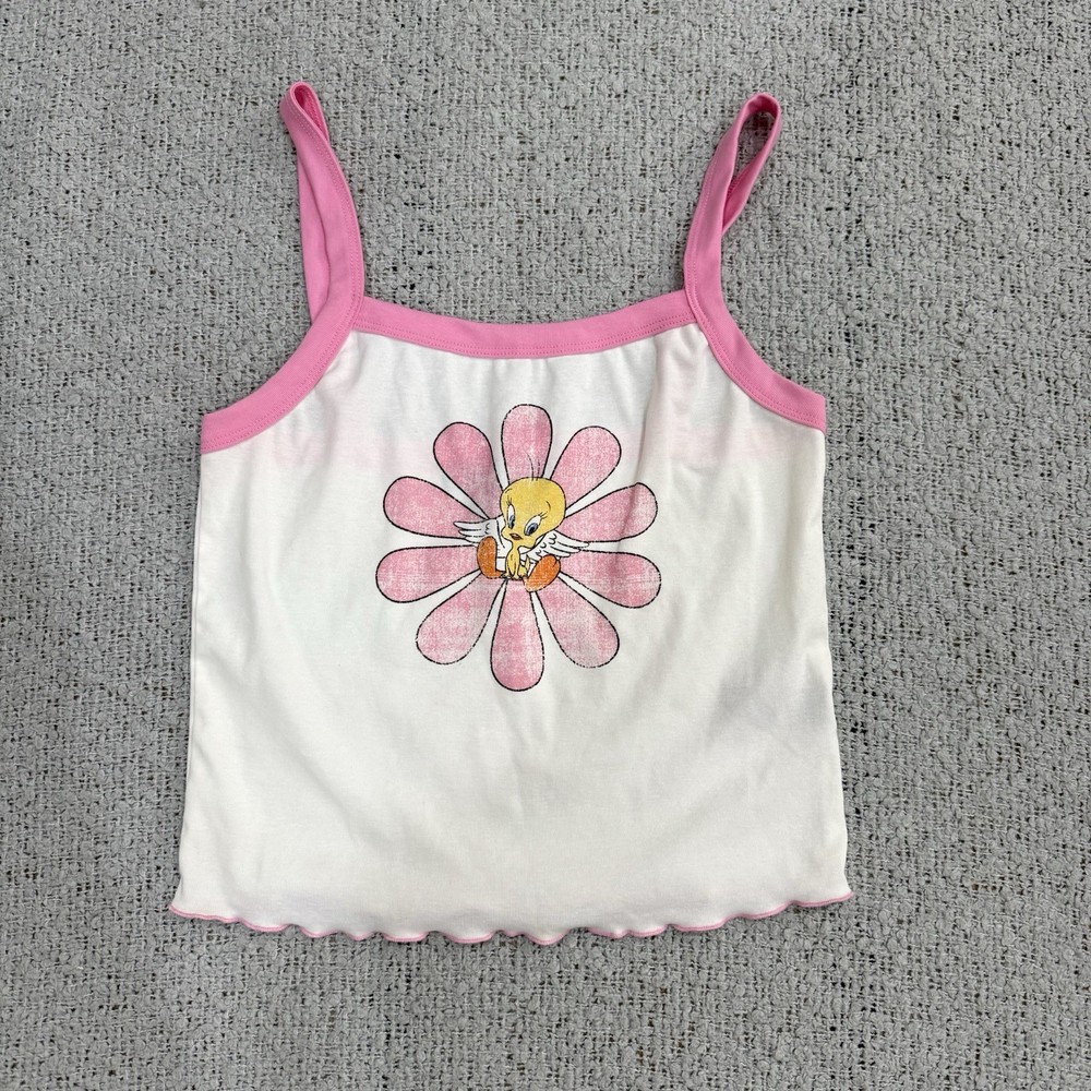 Looney Tunes Tank Top Tweety Bird Women’s Size M Pink White Graphic Y2K Crop Top