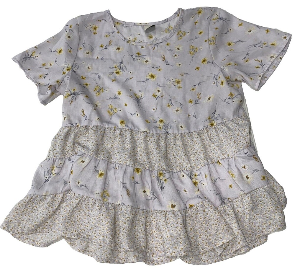 Lavender Floral Boho Peasant Top with Tiered Short Sleeves in Small